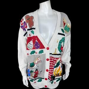 P'Galli Vintage Christmas Cardigan Sweater Embroidered Holiday Scene M Ramie
